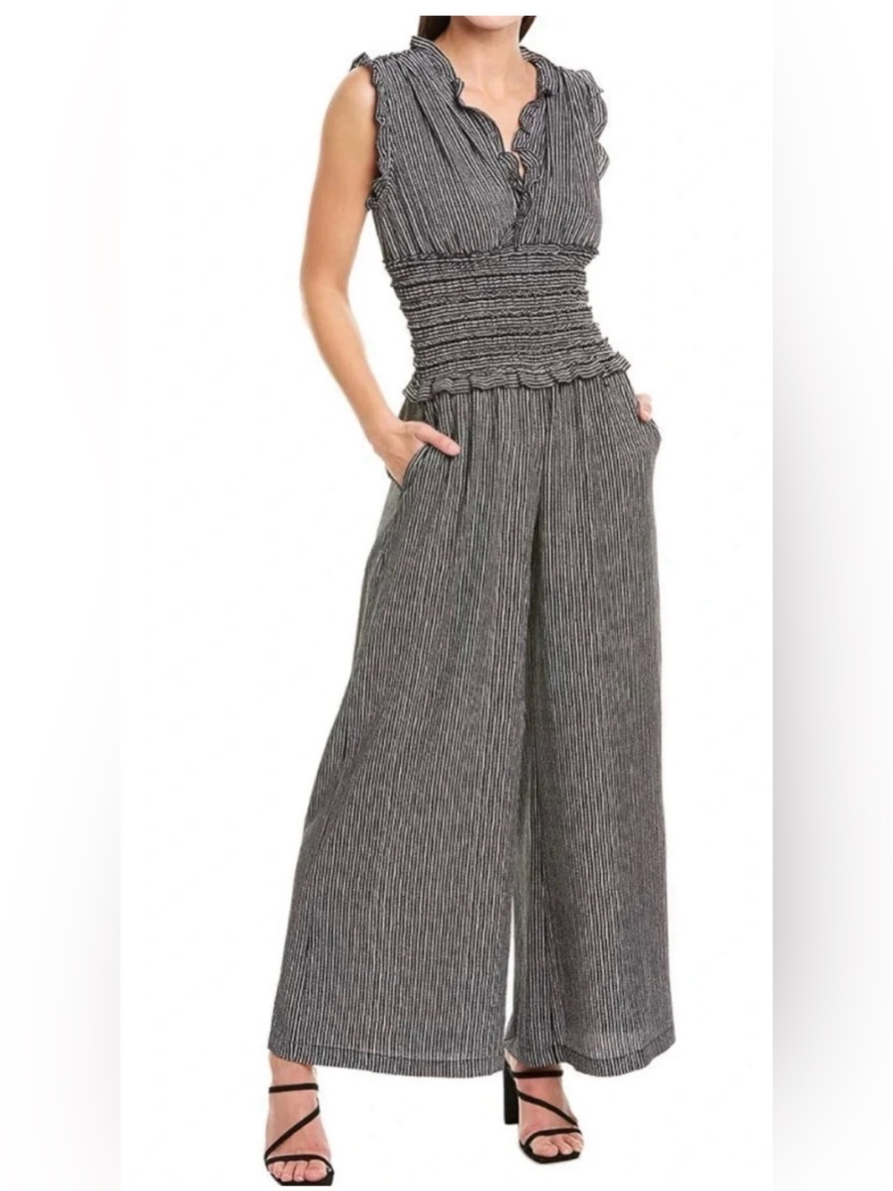 Max Studio Black White Polka Dot Smocked Waist Wide Leg Jumpsuit Size S